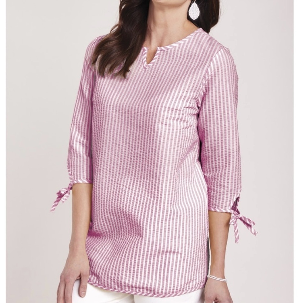 Tie Three-Quarter Sleeve Seersucker Tunic